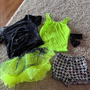 Dansco dance costume green tank shirt skirt black check shorts Adult small